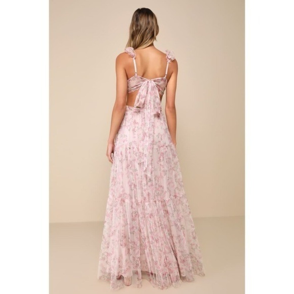 NWT Lulus Ethereal Love Blush Floral Pleated Tiered Tie-Back Maxi Dress Medium - Picture 6 of 12